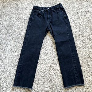 Topshop Black Straight Leg Jeans W 28 L 32 Raw Hem Zip & Button Closure